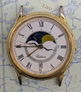 Vtg Citizen Quartz Moonphase Astro Fantasy Gold Tone Watch 21-2521 - RUNNING - Picture 1 of 10