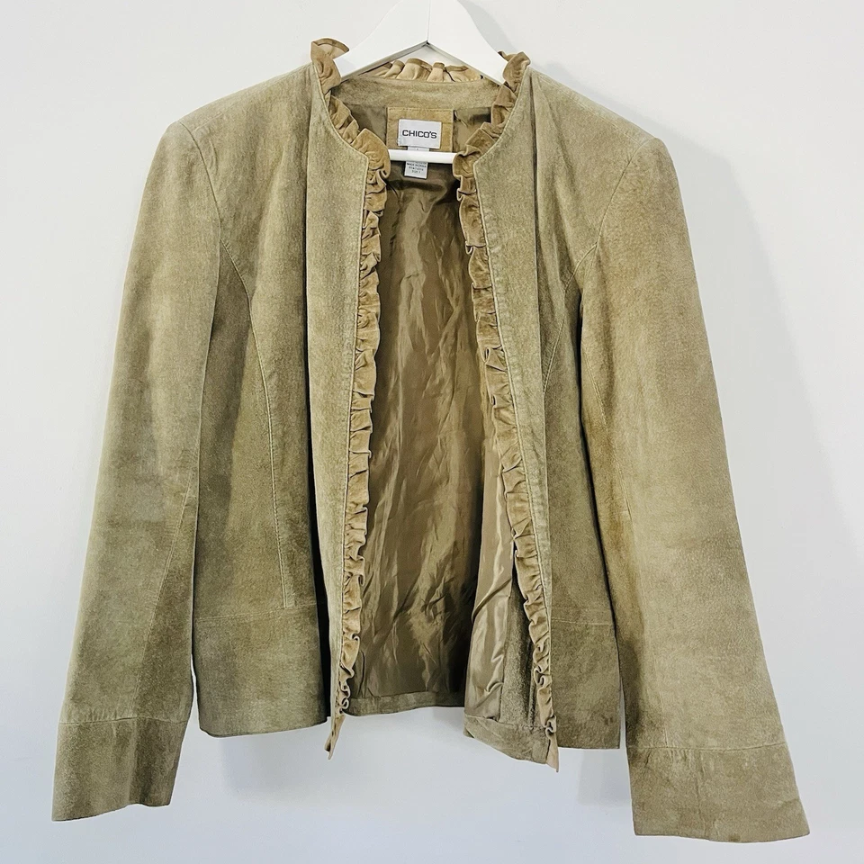 Chaqueta De Colección Años 90 Chico's Boho Verde Gamuza Cuero Manga Larga Frente Abierto Talla 1 Foto 1 de 4