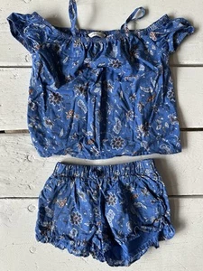 Janie And Jack Girls 2 Piece Outfit Size 5 Blue W/ Floral Print Shorts Top Lined - Picture 1 of 5
