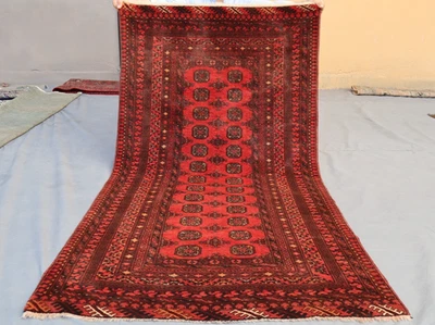 3x6 Vintage Afghan Bokhara Rug – Deep Red Tekke Guls with Tribal Borders Nomadic - Image 1 of 4