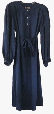 Vintage 80s LANVIN Silk Midi Dress Sz 14 Shift Shirtdress Navy Blue Button Front - Image 1 of 4