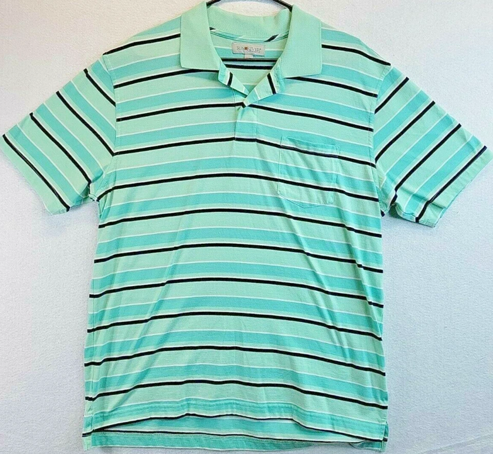 Sun River Lightweight Soft Cotton Green Striped Polo Golf Shirt Mens Large - Image 1 of 4