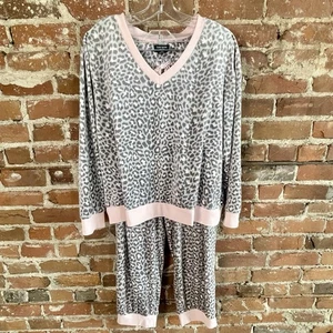 Kate Spade New York Damen XL Stretch Velour Jogginghose PJ Set Grau Leopardenmuster - Bild 1 von 14