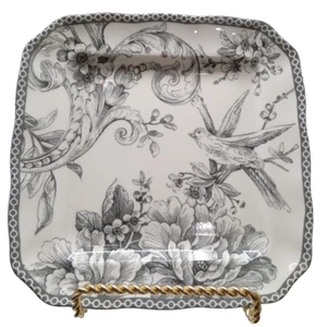 222 Fifth Adelaide Gray White Square Appetizer Plate Bird Toile Scallop SET OF 4 - Picture 1 of 5