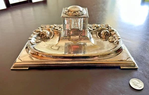 Antique Silver-Plated Art Nouveau Desk Inkwell & Pen Rest – Monogrammed - Picture 1 of 12