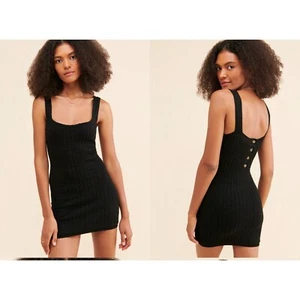 Free People Beach Short and Sweet Mini Dress Size M Black Ribbed Knit Button NEW - Picture 1 of 13