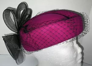 Vintage Fuchsia Pillbox Hat 100% Wool Lancaster Women’s Black Fish Netting Bow - Picture 1 of 18