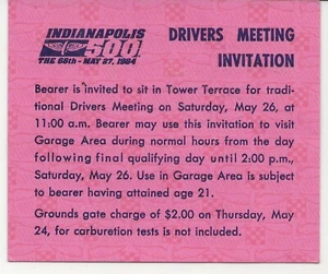 1984 Indy 500 pass to meeting for drivers - Picture 1 of 1