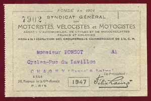 carte du Syndicat Général Moto Motoristes. Vélocistes et Motocistes.Chagny.1947 - Bild 1 von 2