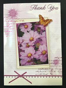 Thank you card for women, pink flowers, script background, foiled, 20 x 14 cm