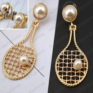 TENNIS RACKET vintage retro BIG EARRINGS/BROOCH pearl GOLD PLATED CLIP ON/STUDS - Picture 1 of 13