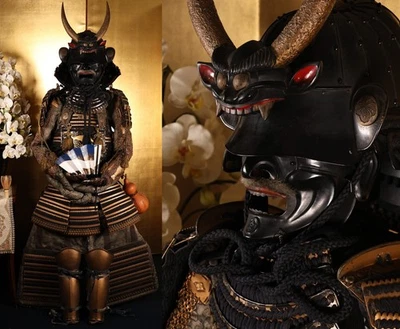 Japanese Samurai Iron Armor Yoroi 63inch Shishi-Gami Maedate Tsuta Kamon Crest - Image 1 of 4