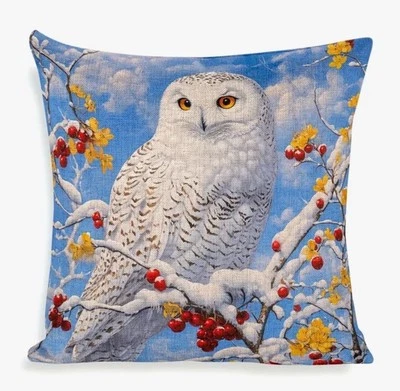 Snowy Winter Owl Double Sided Linen Throw Pillow Cover Holiday Home Decor - Image 1 of 4