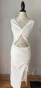 GOMORN Dress Fitted Open Front Gathered Side Slit Lightweight White Size Large - Picture 1 of 9