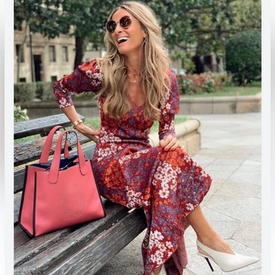 ZARA floral knit v neck maxi dress size small burgundy/copper/blue/silver fall - Image 1 of 4