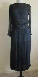 Vintage 20er Jahre Art Deco schwarz Seide Chiffon Jet Perlen Flapper Kleid - Bild 1 von 16