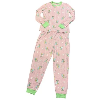 Disney Large Pink Green Long Sleeve Tinkerbell Pajama Set Sleepwear Loungewear - Image 1 of 4