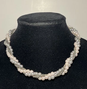 Classic Gray&Pink& Metal Faux Pearl Triple Strand Statement Necklace 17” - Picture 1 of 7