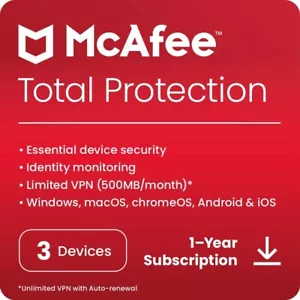 McAfee Total Protection 2025 Antivirus 3 Devices 1 Year 5 Minute EMAIL Delivery - Picture 1 of 8