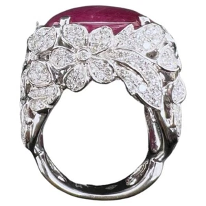 14.70 TCW Simulated Cabochon Ruby & Round Sapphire Flower Design Dome Style Ring - Picture 1 of 7