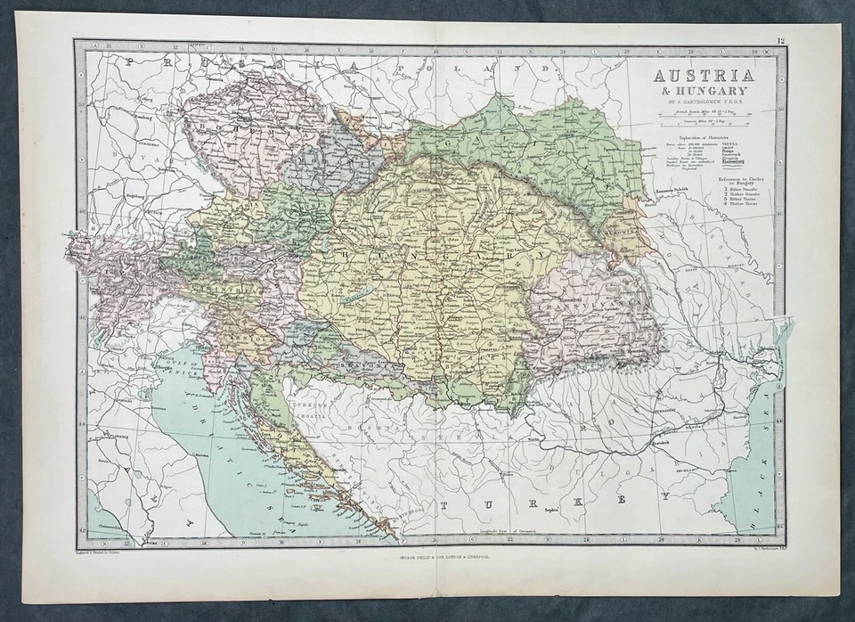 Mapa antiguo grande de George Philip de 1870 del Imperio austríaco y húngaro Foto 1 de 2