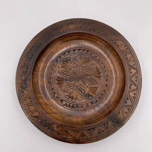 VTG Wood Bread Plate Tray Hand Carved Floral Leaf Antique Motif 7” Tiki Bar - Picture 1 of 15