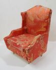 Vintage IDEAL DOLLHOUSE WING CHAIR TOMATO RED DAMASK FABRIC Brass Legs 3.5" Tall