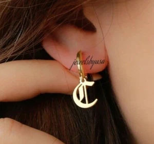 Solid 925 Silver Customized Any A to Z Initial Old English Letter Huggie Earring - Picture 1 of 5