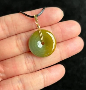 Two Colors Green And Yellow Donut Jadeite Jade Pendant, 100% Untreated Certified - Picture 1 of 10