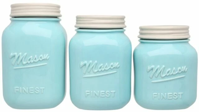 Mason Jar Kitchen Canister Set - of 3 Canisters Large Round Ceramic Sets for