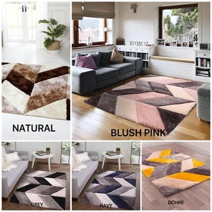 3D Carved Rug Blazon Soft Plush Silky Shaggy Grey rug Living Room Bedroom Carpet - Picture 1 of 40