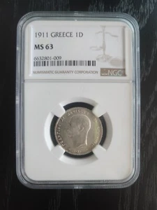 1911, Kingdom of Greece, Georgios I. Extremely Rare Silver Drachma NGC MS-63 - Picture 1 of 4