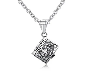 Titanium Stainless Steel Silver Open Holy Bible Cross Book Necklace 21.5" - Picture 1 of 11