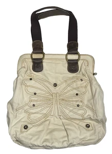 Vintage GAP Doube Strap Handbag Butterly Design Ivory Heavy Cotton Hobo Y2K - Picture 1 of 13