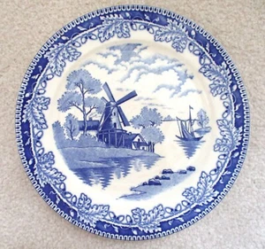 Antique 9" PLATE Blue & White Transferware Windmill Oak Leaf Acorns - Picture 1 of 3