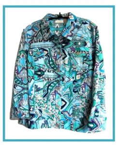 CHAQUETA CHICO'S HANNALEE ESTAMPADO GRÁFICO AZUL TANG CHICOS TALLA 1=8/10 NUEVA CON ETIQUETAS $109 - Imagen 1 de 5