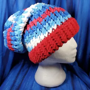 Crimson Red White Boom Blue Stocking Cap 13" Adult Hat Handmade NEW - Picture 1 of 1