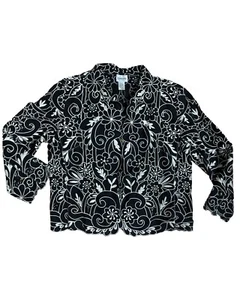 NUOVO CHICO’S Giacca Blazer Donna Manica 3/4 Senza Chiusura Lino Nero Floreale Tg 1 - Foto 1 di 5
