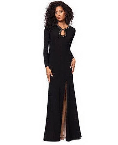 Vestido jersey manga larga cuello cerradura adornado negro Xscape talla 12 $268 Foto 1 de 3