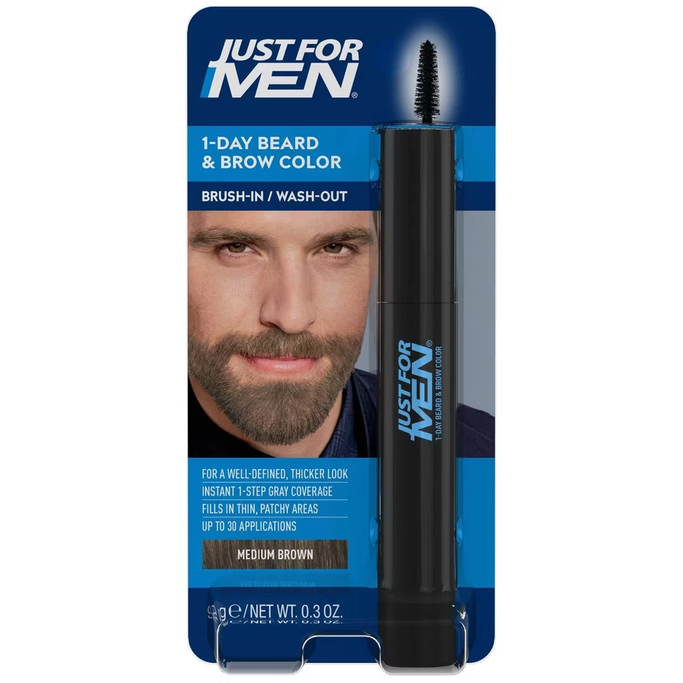 New Just For Men 1 Day Beard & Brow Color Medium Brown 0.3oz Brush-In Wash-Out - Image 1 of 1