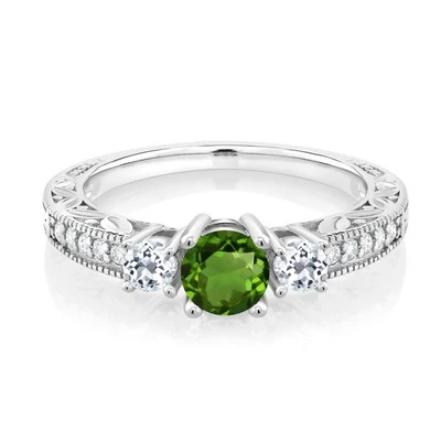 Anillo de 3 piedras de plata de ley 925 con topacio blanco de cromo verde de 0,91 quilates Foto 1 de 4
