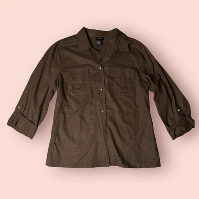 Camisa Blusa Top Botón Manga Larga Informal Marrón De Colección Para Mujer Talla Grande 18 de Lino Foto 1 de 4