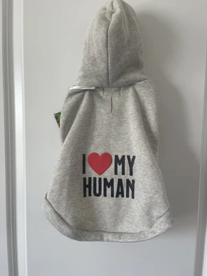 New! The Humane Society Pet Dog Apparel Hoodie Sweatshirt S-I Love my Human gray - Image 1 of 4