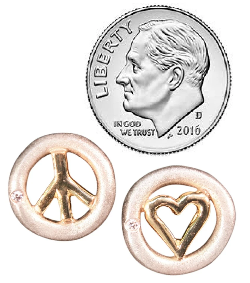 NEW: Peace & Love Earrings-Sterling Silver-Solid 18K Gold-Tiny Diamonds-Handmade - Image 1 of 4