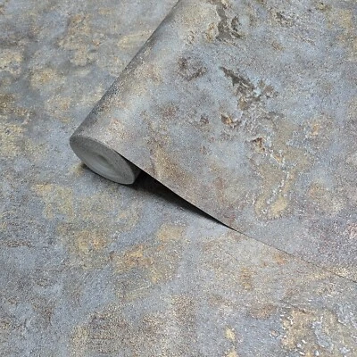 Papel pintado moderno gris oscuro bronce metálico imitación barro yeso desgastado texturizado Foto 1 de 4