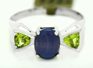 GENUINE 1.86 Cts STAR SAPPHIRE & PERIDOTS RING 10k WHITE GOLD - Free Appraisal - Picture 1 of 5