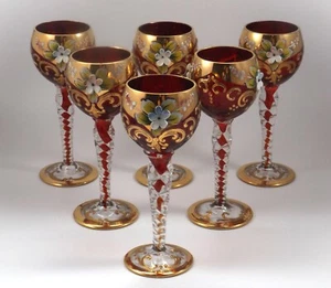 Set of 6 Murano Ruby Glass Gilded Enamel Flower Liqueur Glasses - Picture 1 of 8