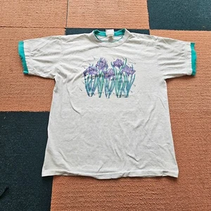 As is* Vintage 90s T-Shirt Adult XL Flowers Embroidered Gray Made USA X2a - Picture 1 of 17