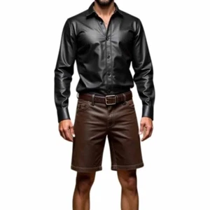 Herren Schwarz & Braun Modisches Lederhemd & Shorts Echtleder Shorts Set - Bild 1 von 4
