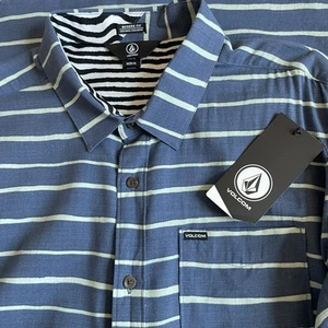 New Volcom Blue White Striped Modern Fit Short Sleeve Button-Up Shirt Men's XL - Picture 1 of 12